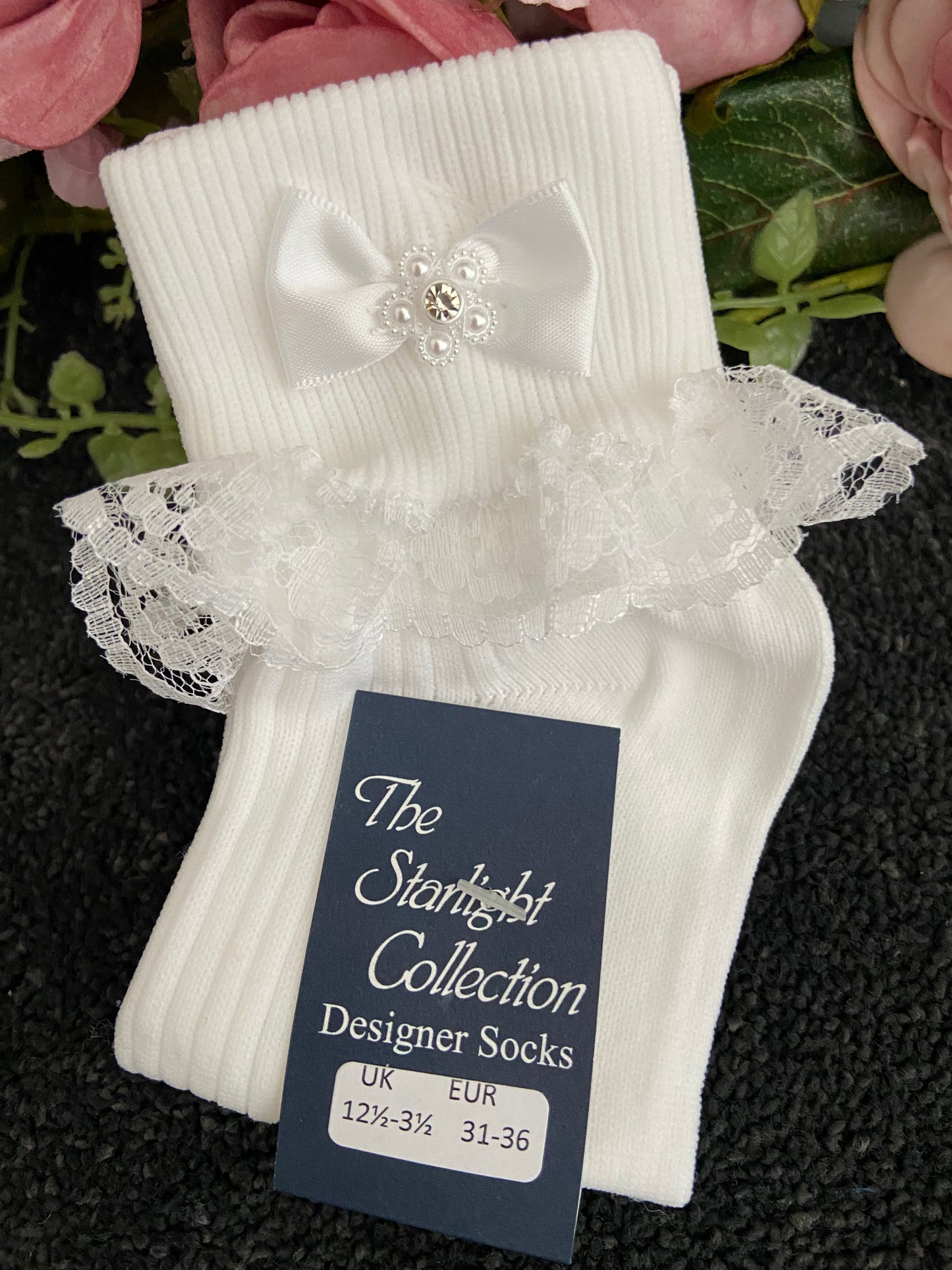 The Starlight Collection - Tammy Pearl Flower Single Frill Communion Socks White