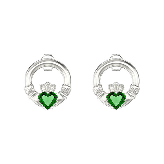 Sterling silver Green Stone Claddagh earrings stud set